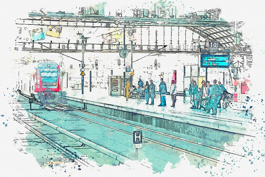 Watercolor Sketch Berlin Hauptbahnhof - centraal station Berlijn met trein